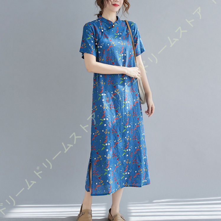 ワンピース レディース 半袖 チャイナワンピース 綿麻 ロングワンピース ファッション 薄手 夏物 大きいサイズ 着痩せ 綿麻ワンピース 夏 ロング丈 aライン