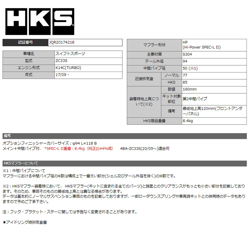 HKS（エッチケーエス） スイフトスポーツ マフラー ZC33S 17/09- Hi