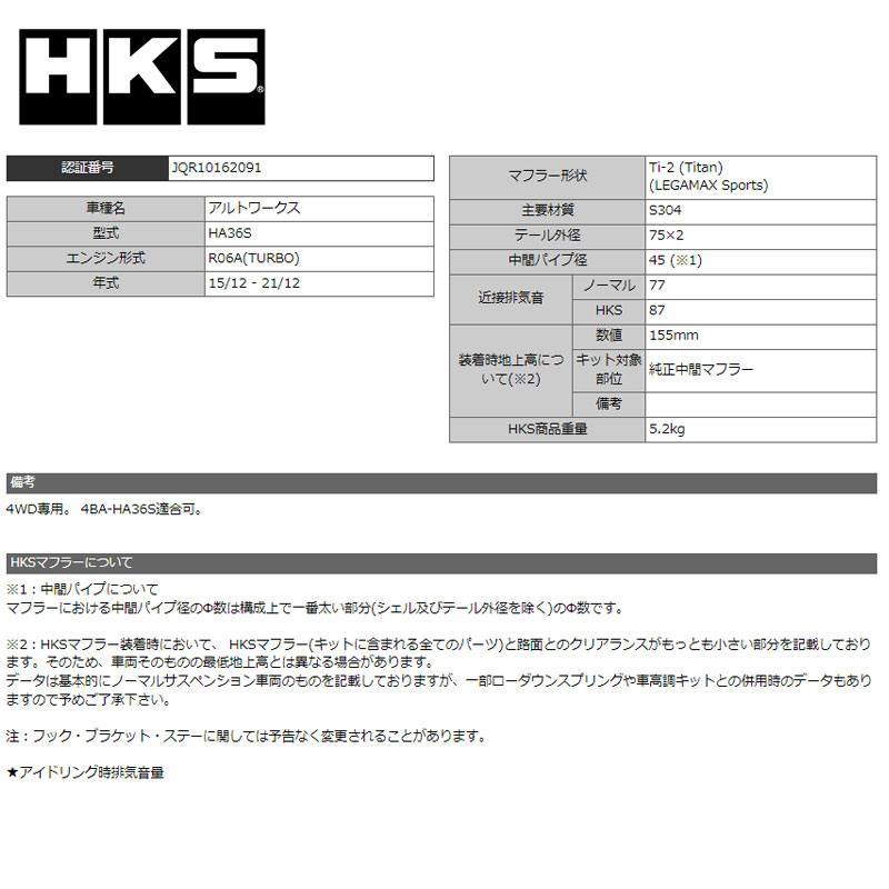 アルトワークス マフラー HA36S 15/12-21/12 LEGAMAX Sports(リーガマックススポーツ) HKS 31021-AS002