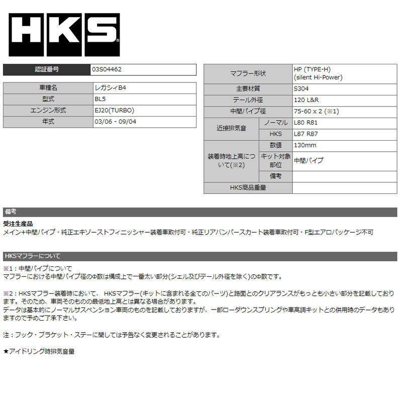 HKS（エッチケーエス） レガシィB4 マフラー BL5 03/06-09/04 silent