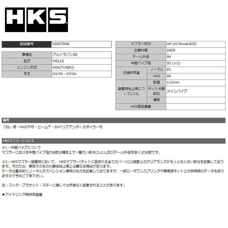 アルトラパンSS マフラー HE21S 03/09-07/04 Hi-Power409(ハイパワー409) HKS 31006-AS009｜dreamers-shop｜04