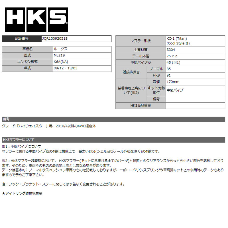 HKS（エッチケーエス） ルークス マフラー ML21S 09/12-13/03 Cool