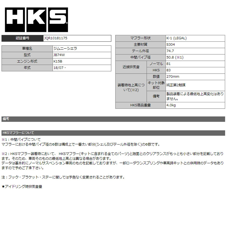 HKS（エッチケーエス） ジムニーシエラ マフラー JB74W 18/07- LEGAL