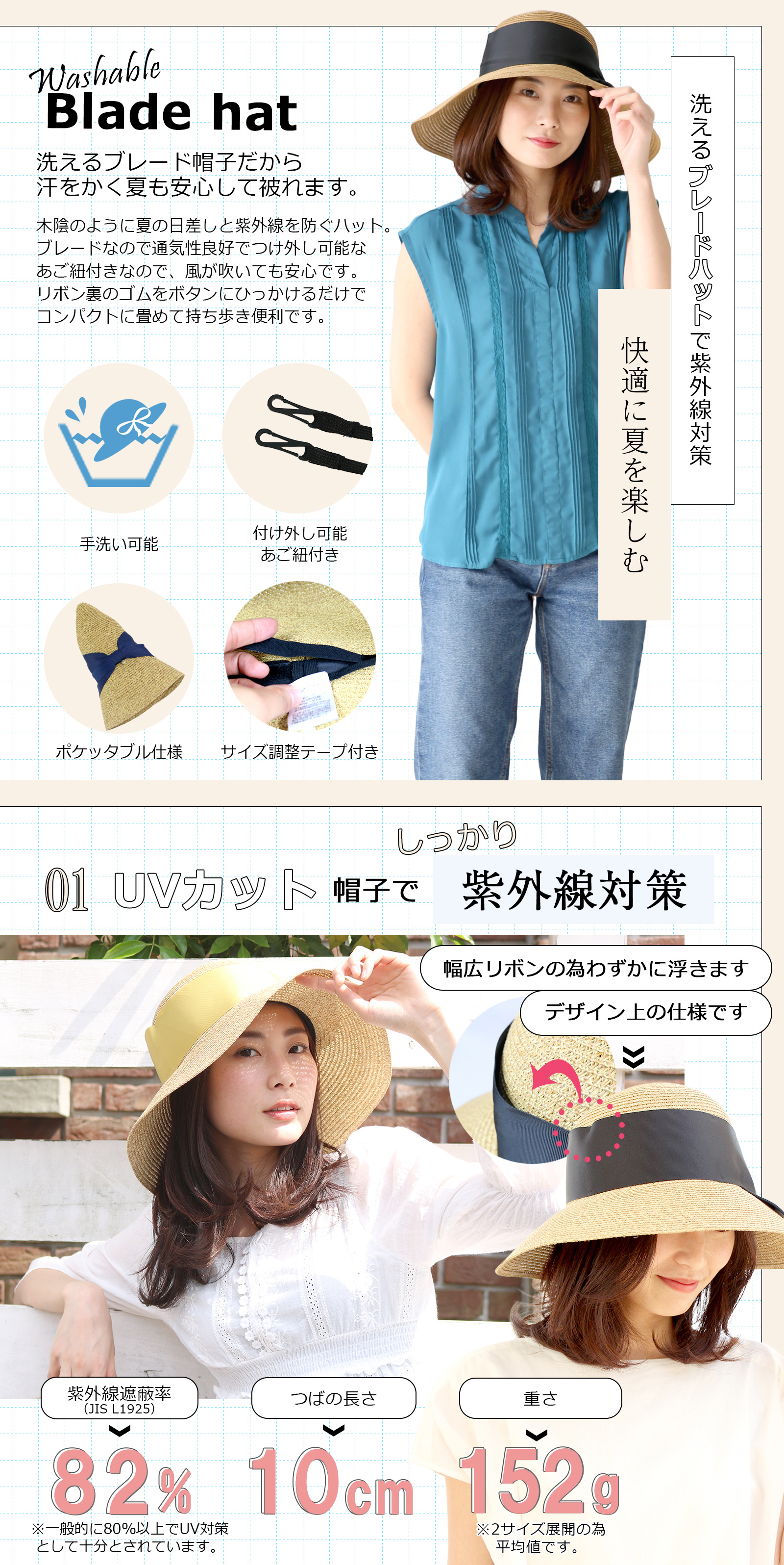 帽子 ハット レディース ｜ 水洗い可能つば広麦わらリボン r1927