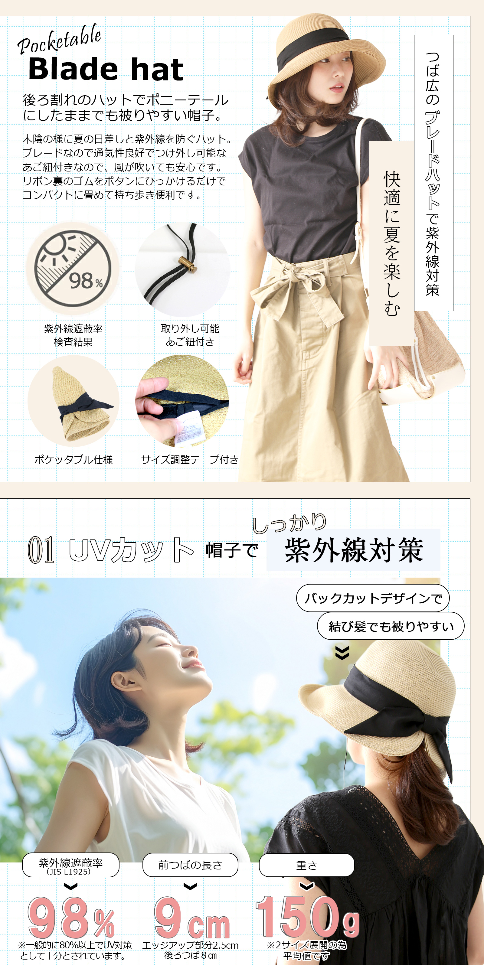 帽子 麦わら ハット レディース 後ろ割れエッジアップブレードハット