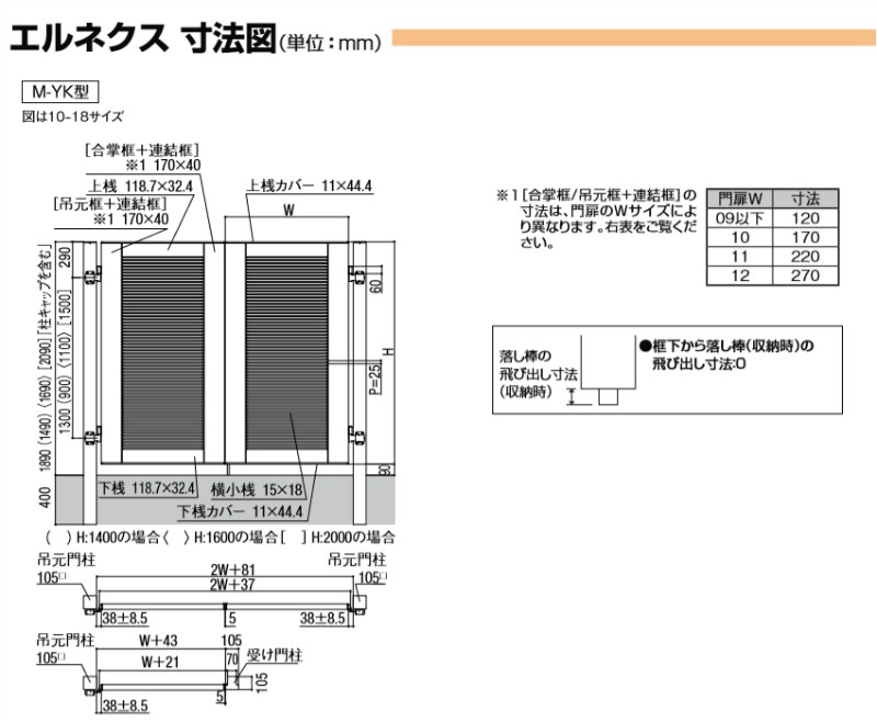 エルネクス門扉 M-YK型 親子仕様 08・12-18 埋込使用 W800・1200×H1800