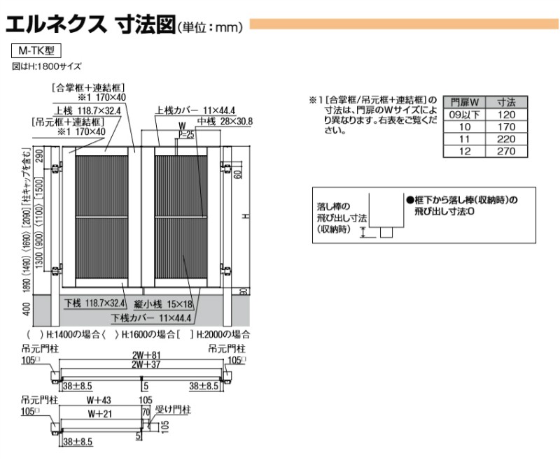 エルネクス門扉 M-TK型 両開き 12-18 柱使用 W1200×H1800(扉１枚寸法