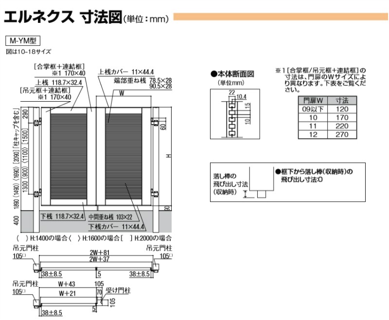 エルネクス門扉 M-YM型 片開き 11-18 柱使用 W1100×H1800(扉１枚寸法