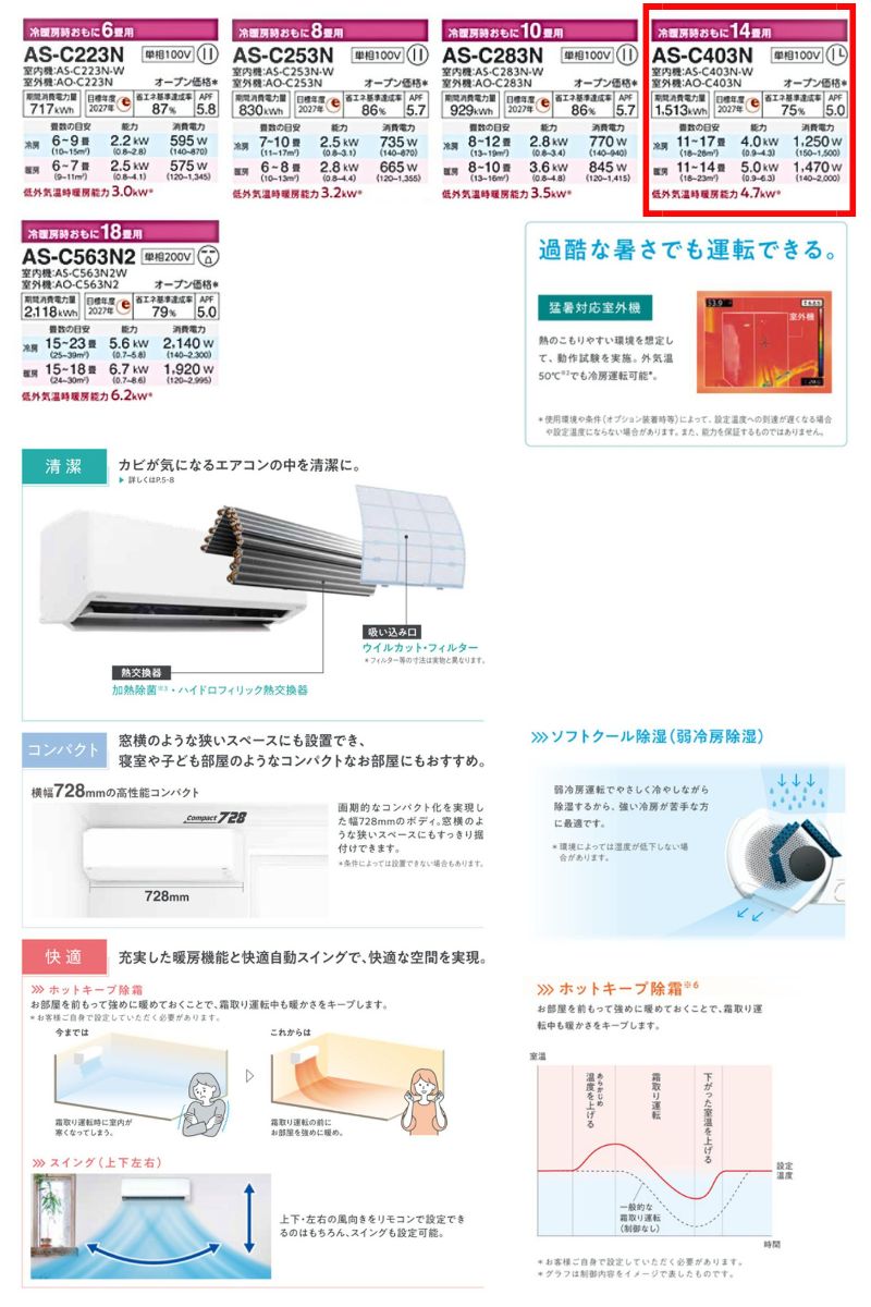 エアコン ノクリア nocria 富士通ゼネラル AS-C403N-W Cシリーズ 4.0kW