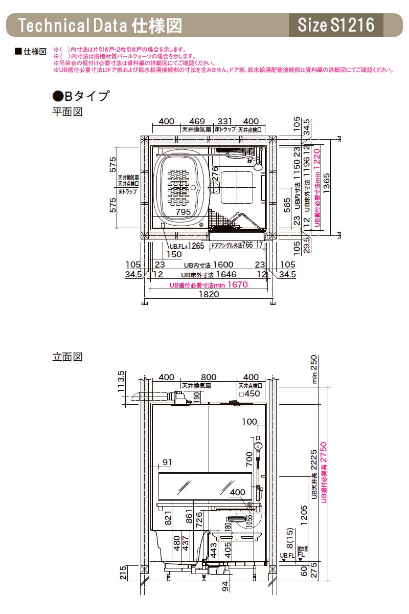 システムバスルーム リデア Bタイプ S1216(0.75坪)サイズ アクセント