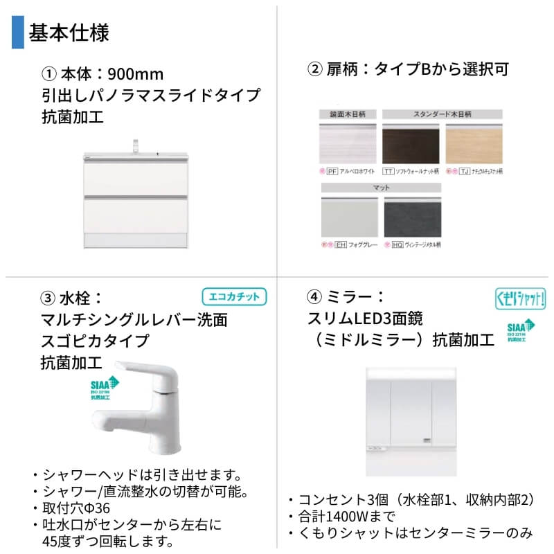 洗面台 パナソニック シーライン セットプラン GC-155D 扉柄タイプB 幅900 奥行530mm パノラマスライドタイプ 抗菌加工 Panasonic D530 おしゃれ リフォーム_1