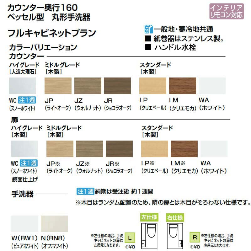 トイレ手洗 キャパシア フルキャビネット カウンター奥行160 ベッセル