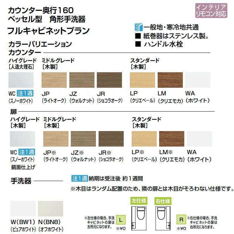 トイレ手洗 キャパシア フルキャビネット カウンター奥行160 ベッセル