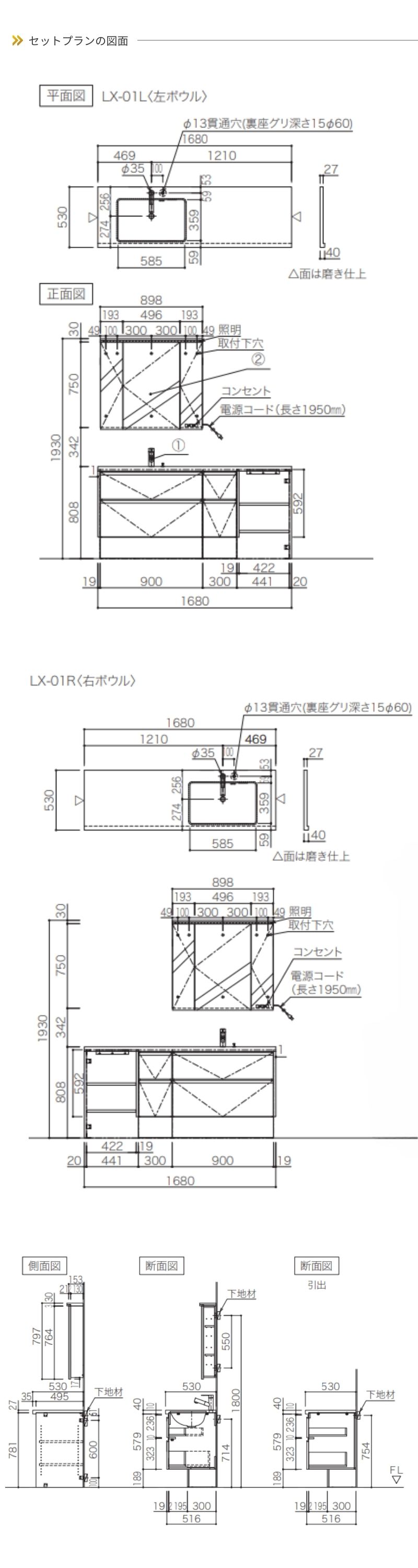 アイカ 洗面化粧台 スマートサニタリー Plan LX-01L/R W1680×D530