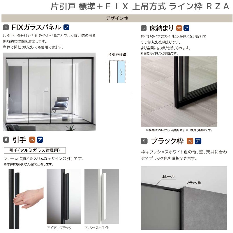 ラフィス 室内引戸 片引戸 標準タイプ＋FIX 上吊方式 ライン枠 RZA