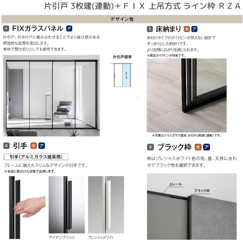 ラフィス 室内引戸 片引戸 3枚建＋FIX 上吊方式 ライン枠 RZA