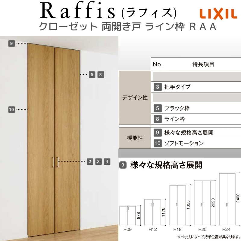 ラフィス クローゼットドア 開き戸 両開き戸 ライン枠 RAA 把手 0718