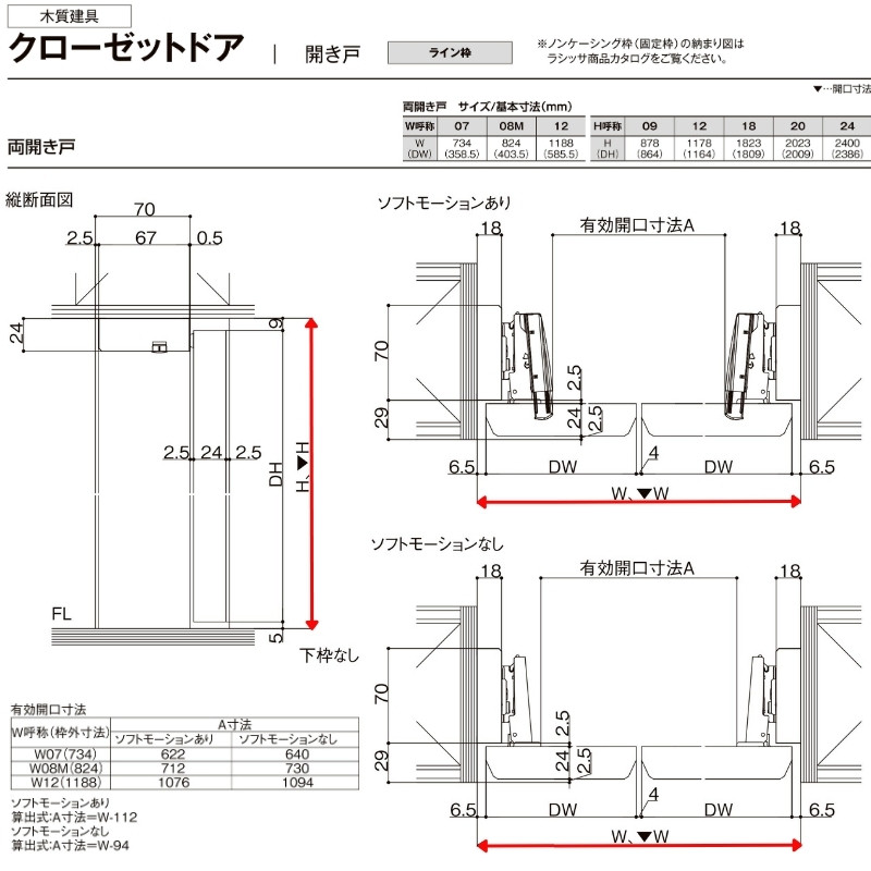 ラフィス クローゼットドア 開き戸 両開き戸 ライン枠 RAD 手掛け 0724