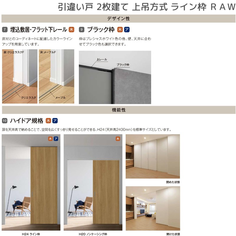 ラフィス 室内引戸 引違い戸2枚建 上吊方式 ライン枠 RGW アクリル系