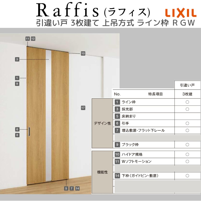 ラフィス 室内引戸 引違い戸3枚建 上吊方式 ライン枠 RGX