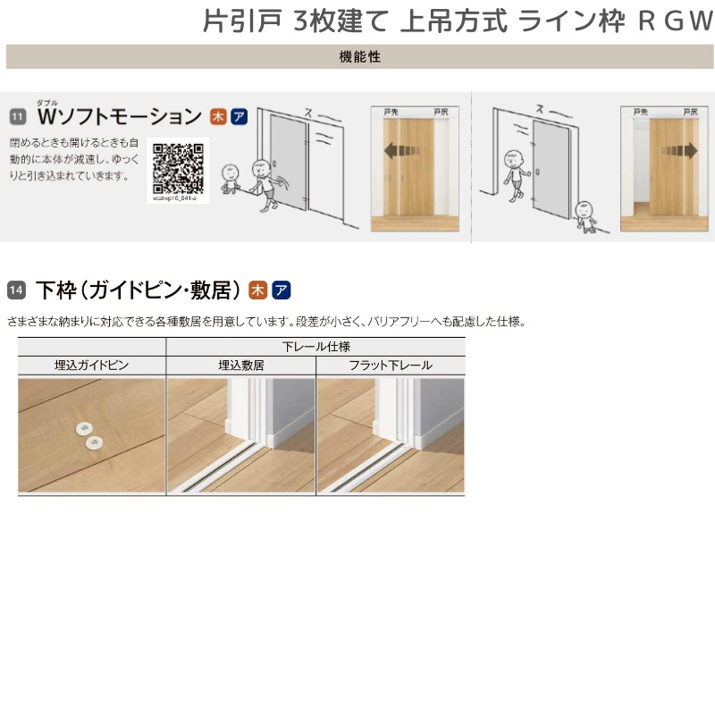 ラフィス 室内引戸 片引戸 3枚建 上吊方式 ライン枠 RGW アクリル系