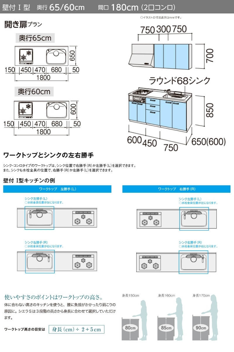 システムキッチン シエラS W1800mm 壁付I型 開き扉プラン ウォール