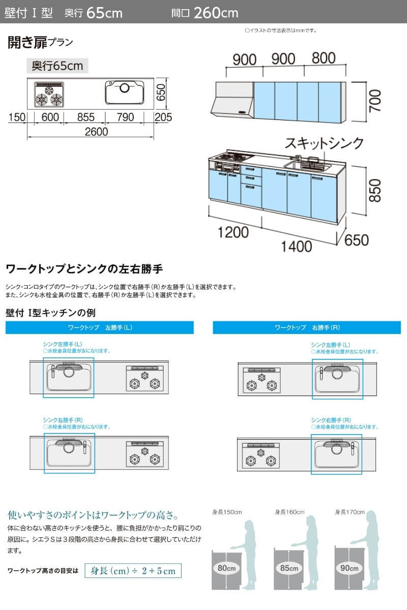 システムキッチン リクシル シエラS 壁付I型 開き扉プラン ウォール