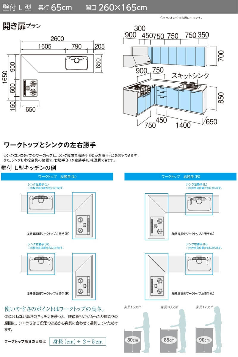 システムキッチン シエラ 壁付L型 開き扉プラン ウォール