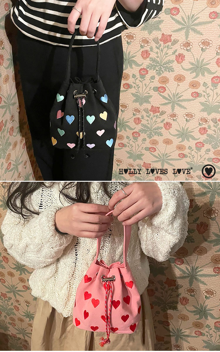 HOLLY LOVES LOVE 巾着バッグ ホリー ラブズ ラブ 正規販売店 HEART MINI BAG ハート ミニバッグ 全6色 韓国ファッション ハンドバッグ バッグ｜drescco｜03