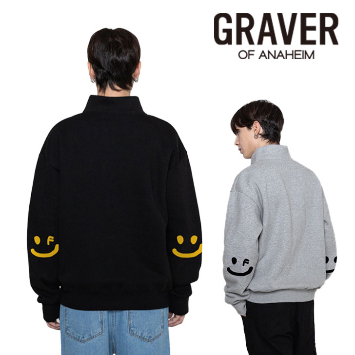 グレーバー トレーナー GRAVER 正規販売店 ELBOW SMAILEDRAWING HALFZIPUP SWEATSHIRT 全3色 G(W)-HZM(P-23)-2-GY/CM/BK ウェア