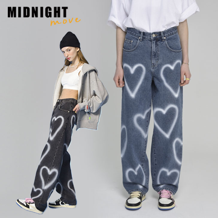 ミッドナイトムーブ 正規販売店 パンツ MIDNIGHT MOVE heart denim pants ハート デニムパンツ BLUE ブルー  BLACK ブラック s26/s25 ウェア