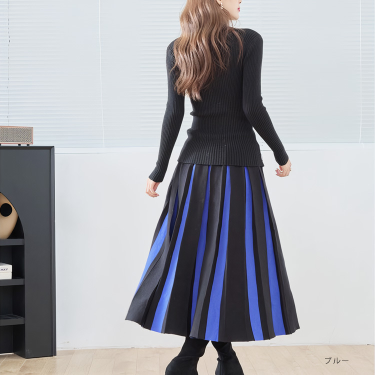 ニットスカート プリーツスカート ロング 秋冬 黒 ミモレ丈