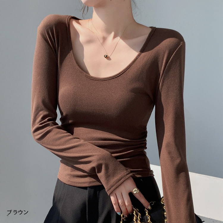 uネック ロンT レディース 深め Tシャツ ラウンドネック トップス 長袖