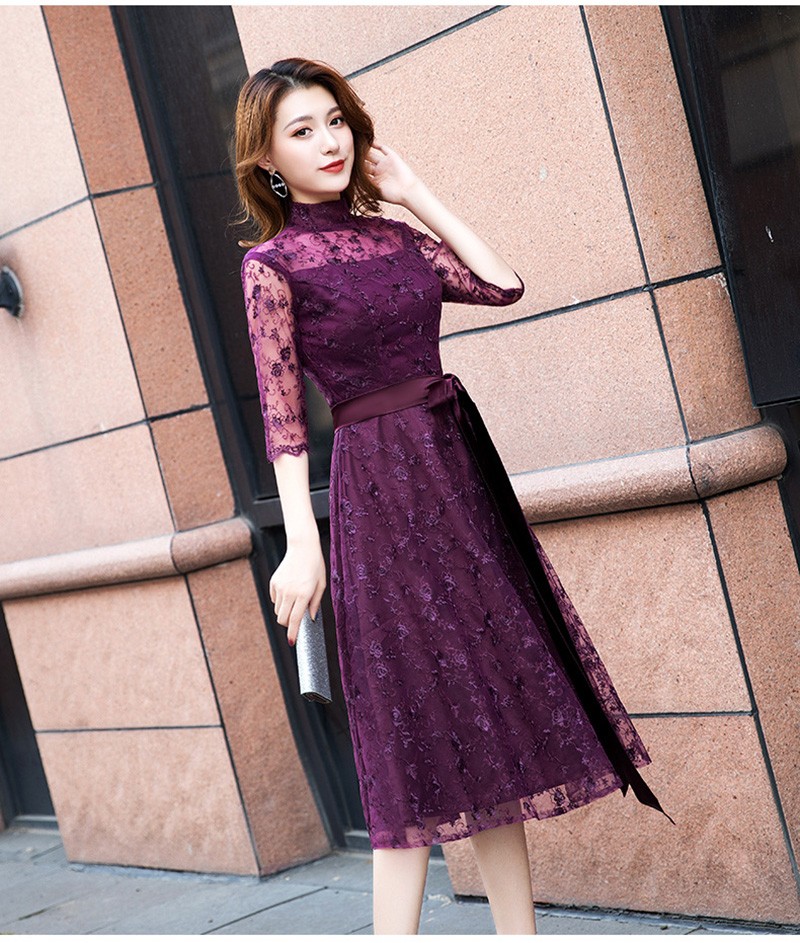 Dresstell 結婚式 ワンピース ドレス 五分袖 パーティードレス リボン付き ミモレ丈 ひざ下 袖あり ハイネックお呼ばれ Dtp Dresstell 通販 Yahoo ショッピング