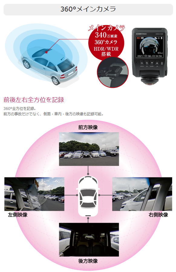 コムテック HDR361GW ドライブレコーダー 360度カメラ+リア