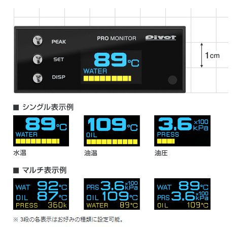 ピボット PRO MONITOR 水温/油温/油圧を1台に高精度表示