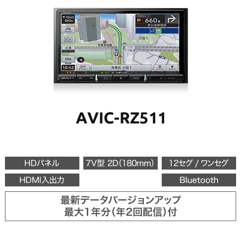 AVIC-RZ511 カロッツェリア パイオニア 楽ナビ 7V型HD 2D(180mm)モデル 