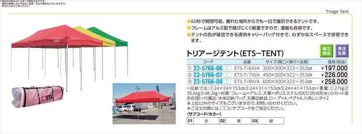 ＥＴＳトリアージテント ETS-T/6WA(300X300) ETSトリアージテント 緑