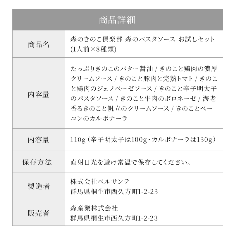 パスタ パスタソース きのこ スパゲティ 森のパスタソースお試しセット 1人前  8種類 きのこ屋特製 レトルト 国産きのこ | 森のきのこ倶楽部 | 17