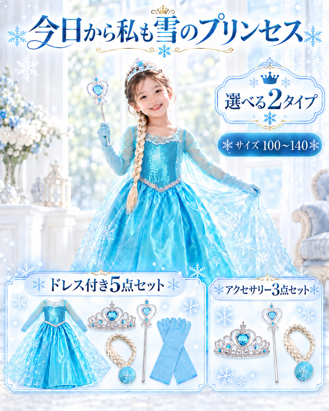 エルサ ドレス 子供 3点 5点セット 100 110 120 130 140 プリンセス