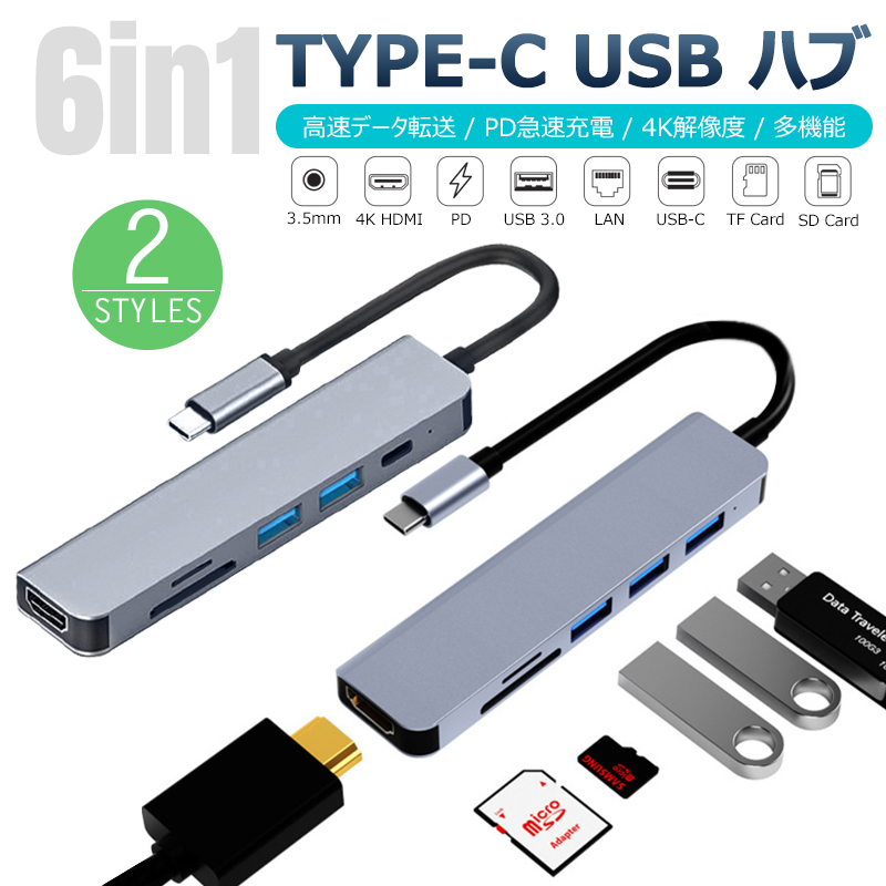 type-c typec ハブ 6in1 HDMI 4K USB3.0 PD87w対応 SD/microSDカード