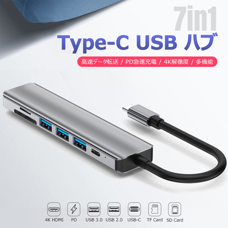 type-c typec ハブ 7in1 HDMI 4K USB3.0 PD87w対応 SD microSDカード