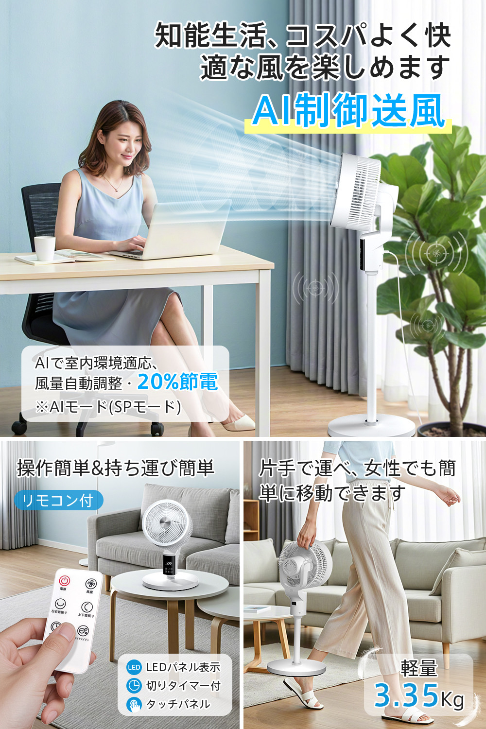 AI搭載】サーキュレーター 扇風機 3D自動首振り 360°パワフル