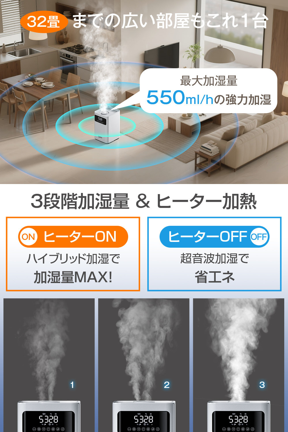 加湿器 大容量 6L 知能恒湿 ハイブリッド加湿器 加熱式&超音波式 新