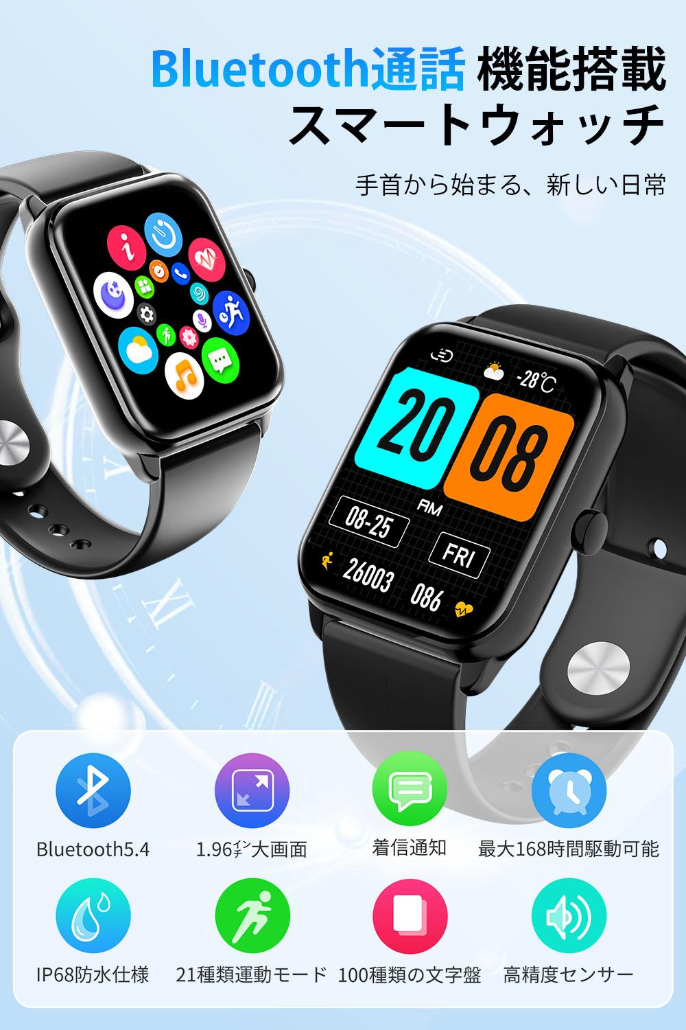 2025最新型Bluetooth5.4 スマートウォッチ 通話機能付 1.96
