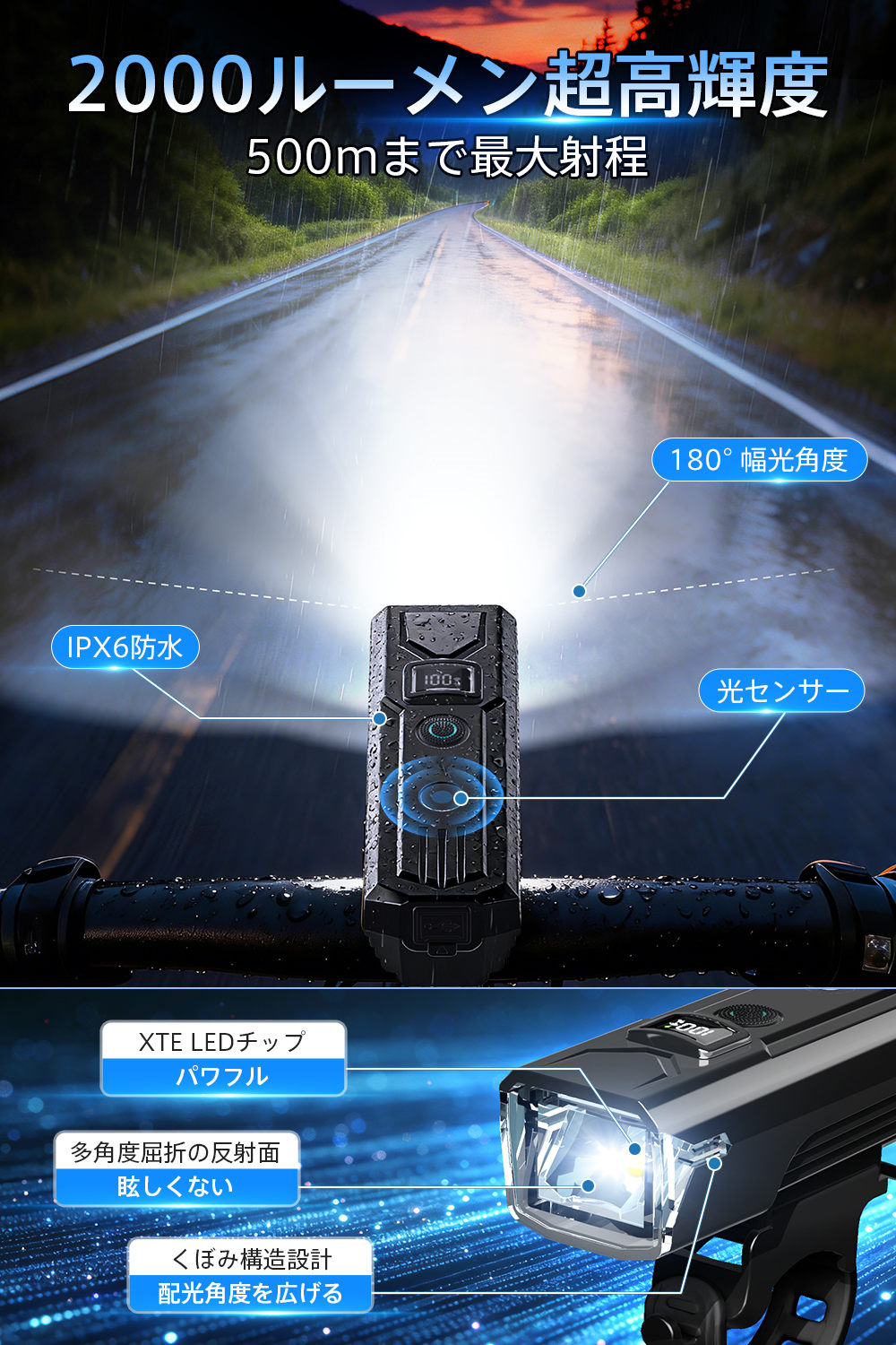 即納】自転車ヘッドライト 3200mAh大容量 type-c充電 防水 LEDヘッド
