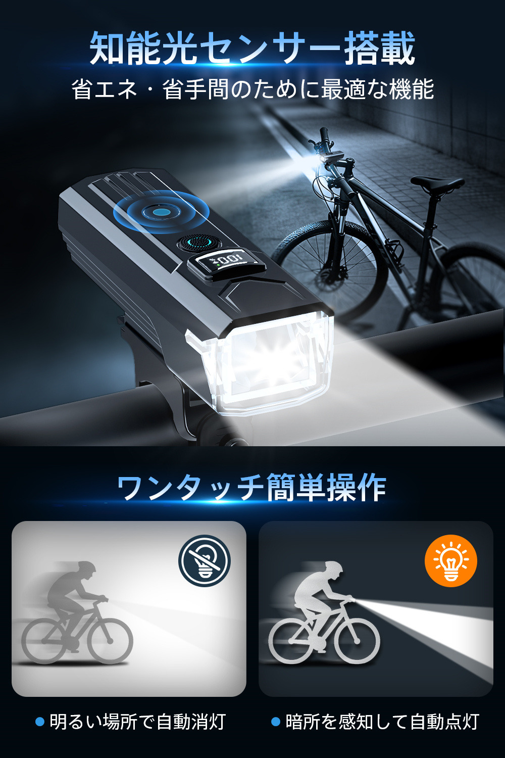 即納】自転車ヘッドライト 3200mAh大容量 type-c充電 防水 LEDヘッド
