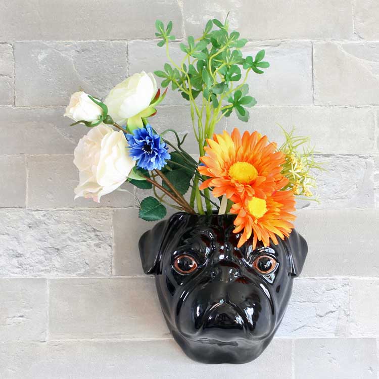 壁掛け 花瓶 パグ 黒パグ 犬 Pug Black Wall Vase プレゼント クエイル