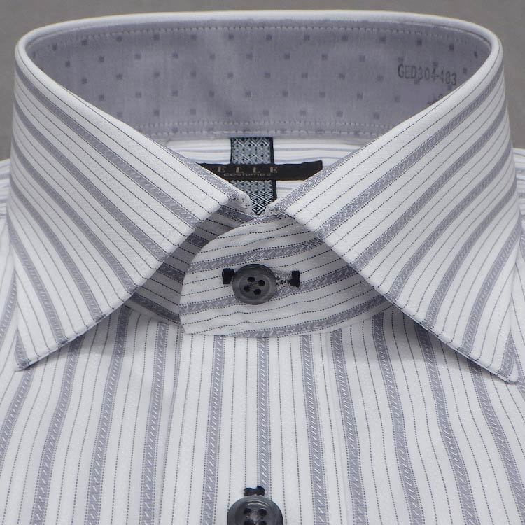 ELLE costumes] ワイシャツ 長袖 ワイドカラー 白地×グレー ストライプ 形態安定 ドレスシャツ EL304-483 ワイシャツ 