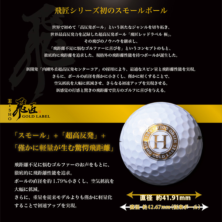 ワークスゴルフ ゴルフボール 高反発球 飛匠 ゴールドラベル 1ダース